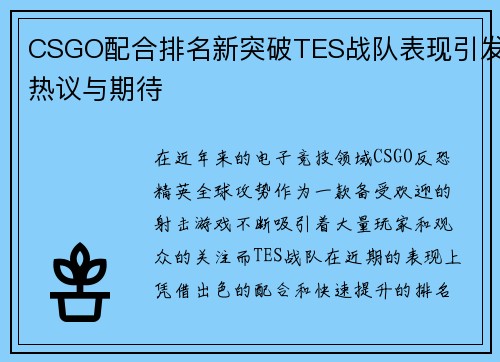 CSGO配合排名新突破TES战队表现引发热议与期待